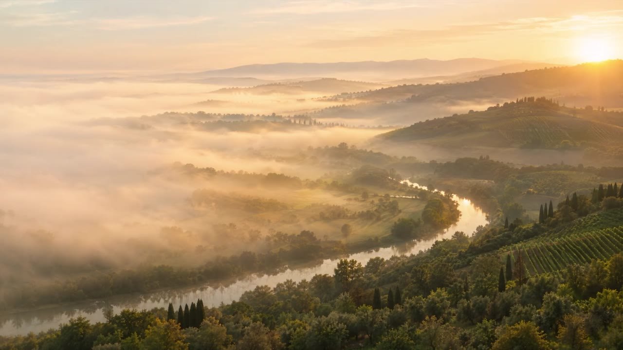 Golden mist over a valley at sunrise